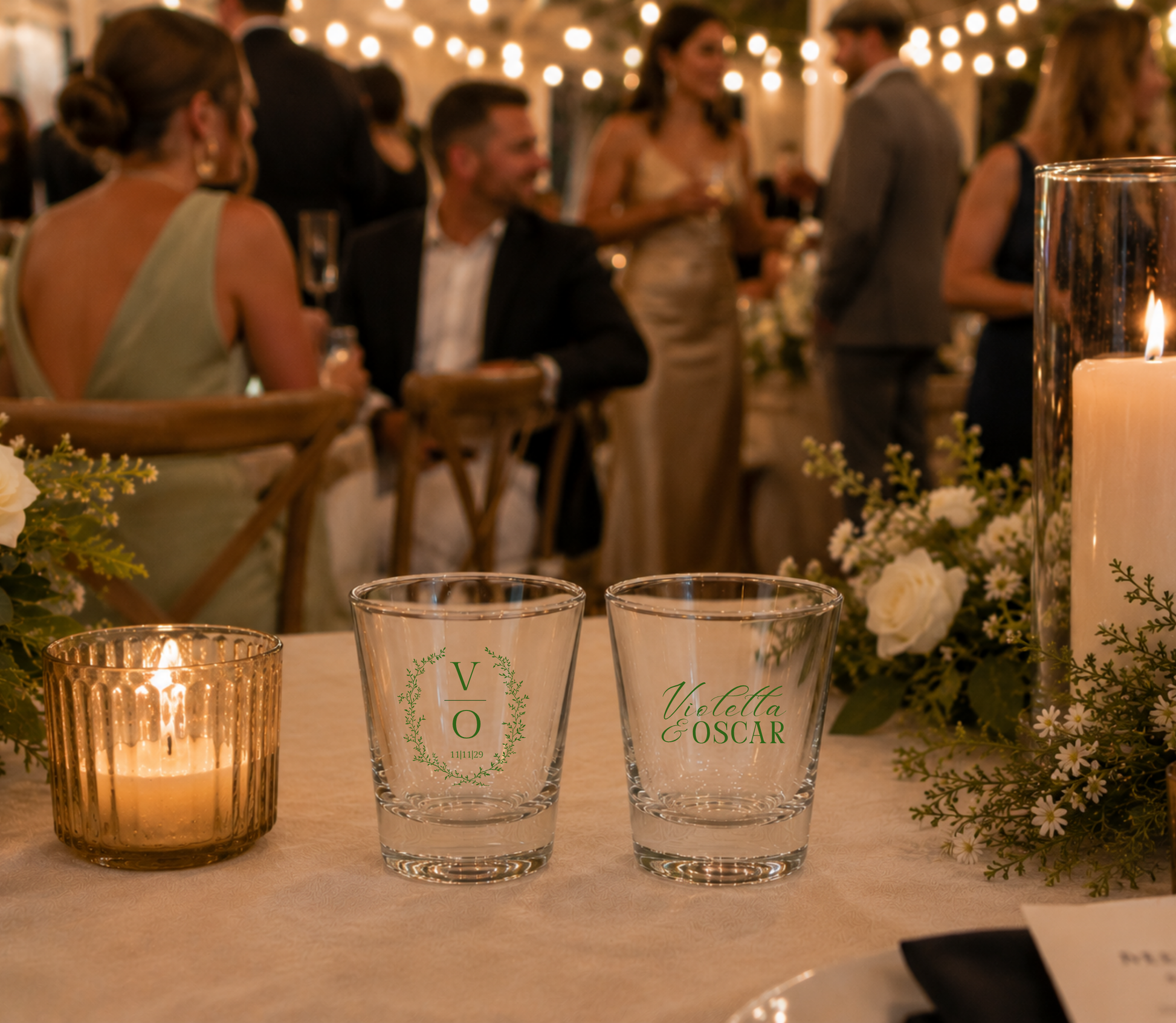 names, and wedding date.

Botanical monogram personalized wedding shot glasses.

Botanical monogram personalized wedding shot glasses.

Garden wedding personalized shot glasses.
