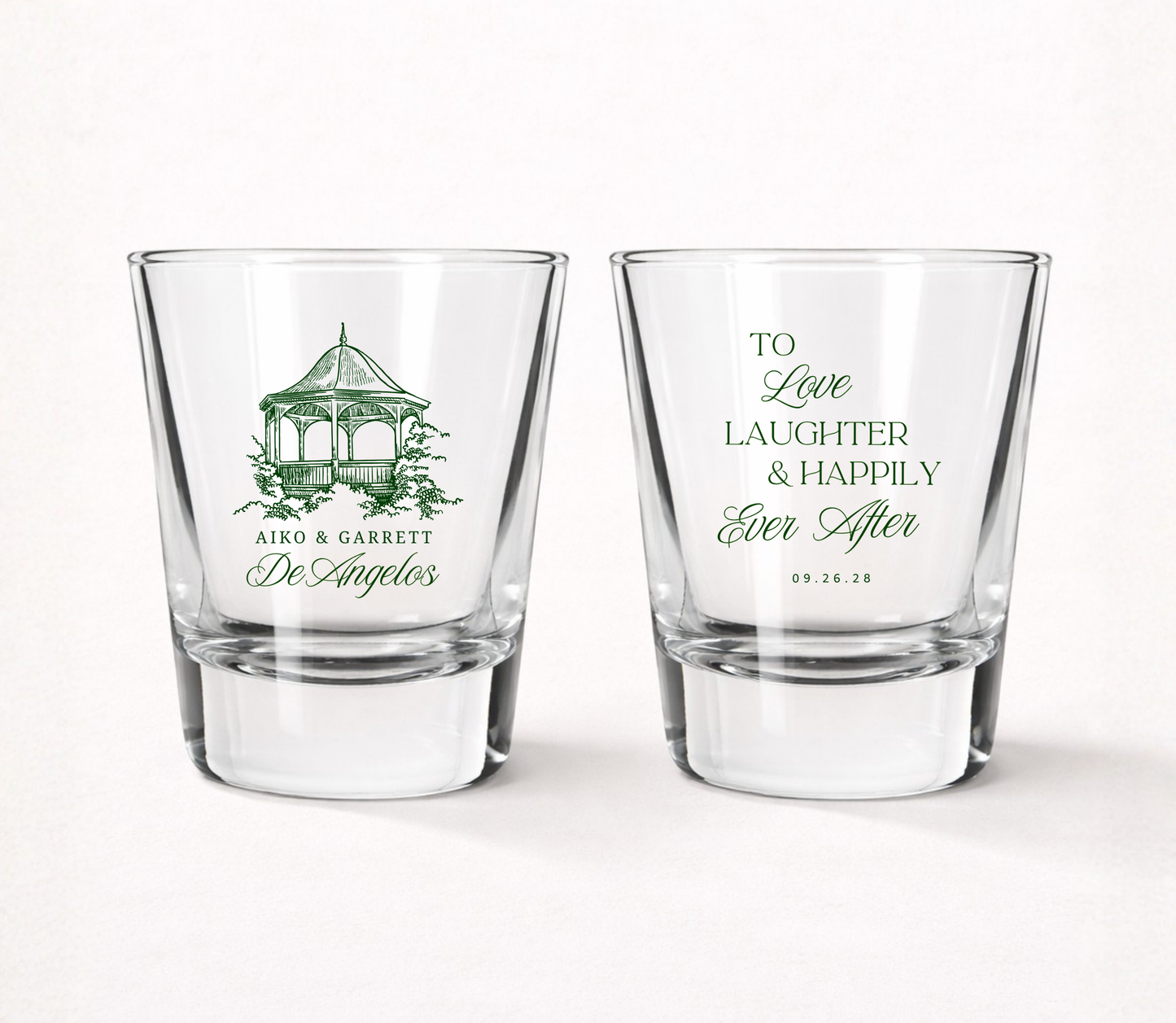 Personalized Gazebo wedding shot glasses featuring custom couple names, family name, wedding date, elegant gazebo illustration, and To Love Laughter & Happily Ever After design.