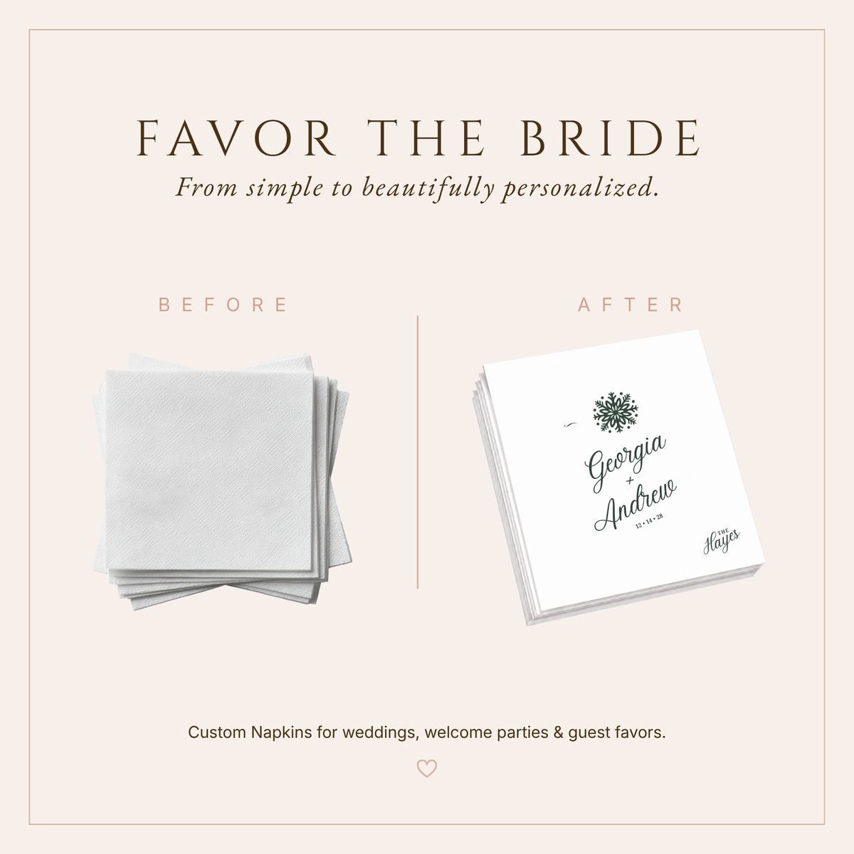 Classic green and white Christmas wedding napkins featuring minimalist winter artwork and custom details.
