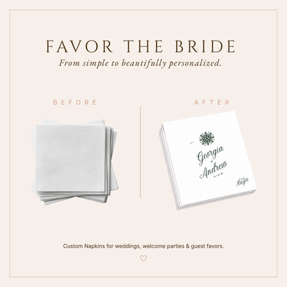 Classic green and white Christmas wedding napkins featuring minimalist winter artwork and custom details.