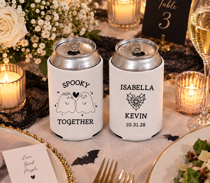 Cute Halloween wedding favor can coolers for October weddings.
