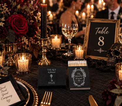 Personalized black and white gothic wedding matches featuring an antique key and romantic Til Death design.