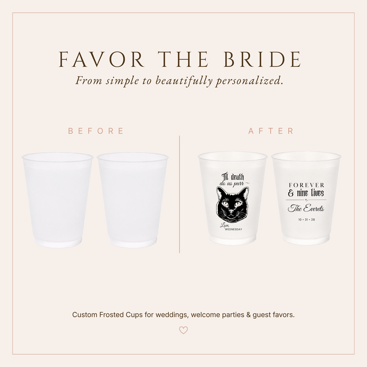 Personalized Halloween wedding frosted cups featuring black cat artwork and Forever & Nine Lives wording.