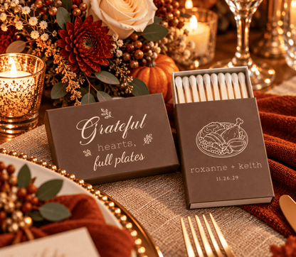 Custom brown wedding matchboxes with Thanksgiving feast illustration