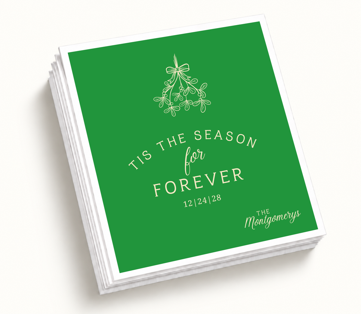 Personalized Tis The Season For Forever Christmas wedding napkins featuring green background, ivory mistletoe artwork, custom couple names, and holiday wedding design.