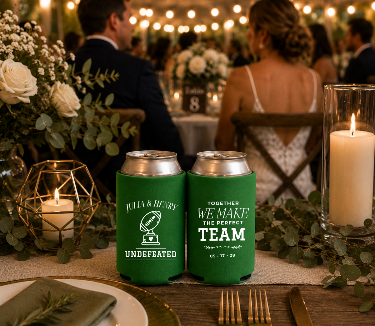 Custom football wedding can coolers featuring couple names, wedding date, football trophy, and heart artwork.
