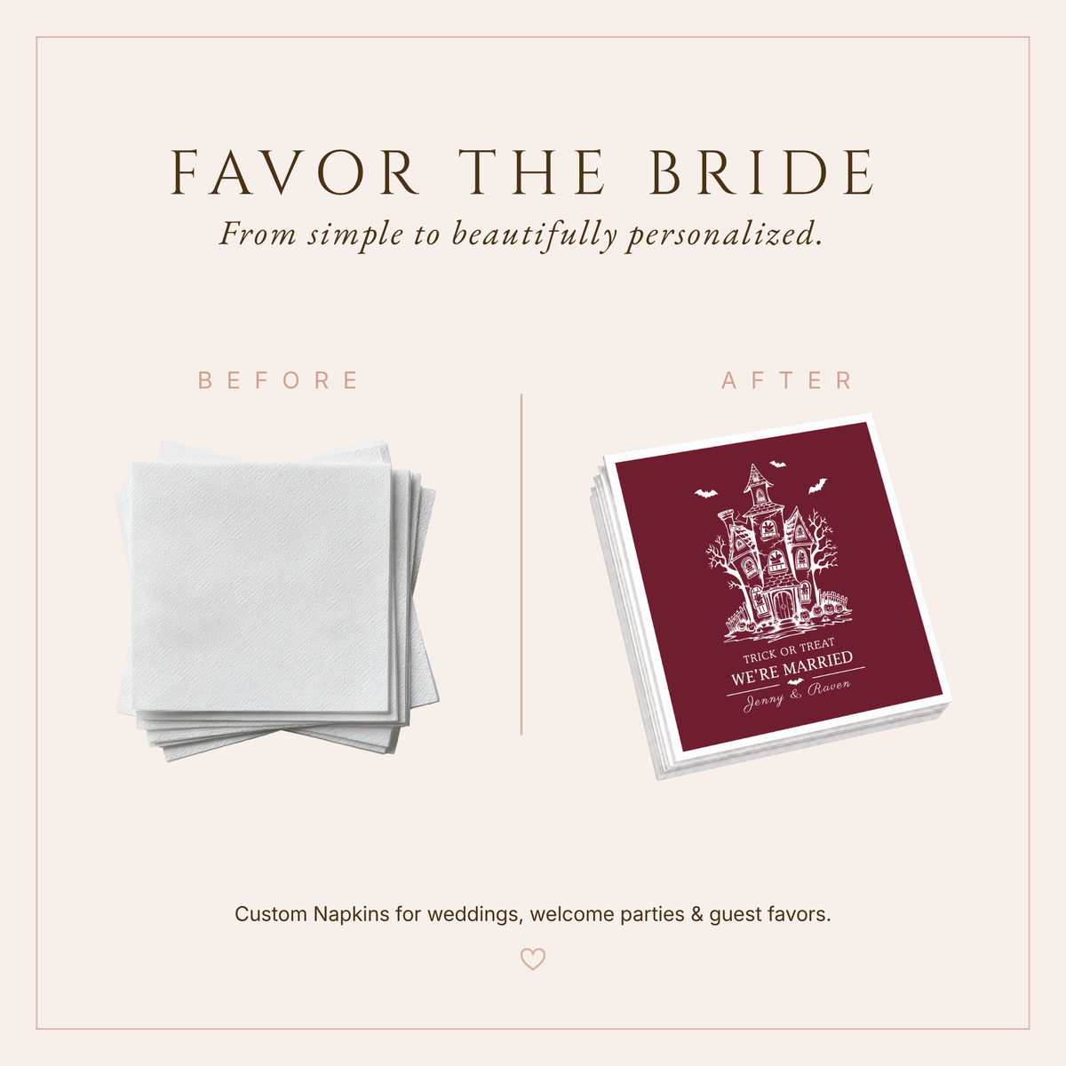 Custom burgundy spooky wedding napkins with Trick or Treat We’re Married design.