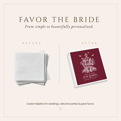 Custom burgundy spooky wedding napkins with Trick or Treat We’re Married design.