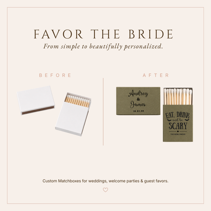 Olive personalized wedding matchboxes featuring custom couple names, October wedding date, and black Halloween artwork.