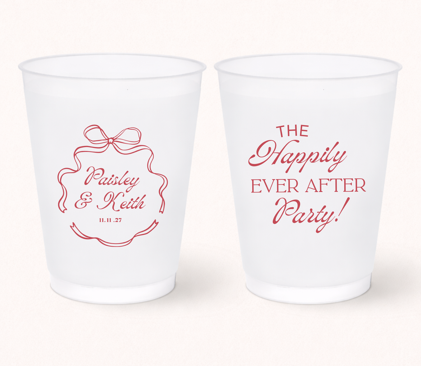 Happily ever after wedding frosted cups
Personalized ribbon frame wedding cups
Custom wedding cups with names and date
Romantic frosted wedding favor cups