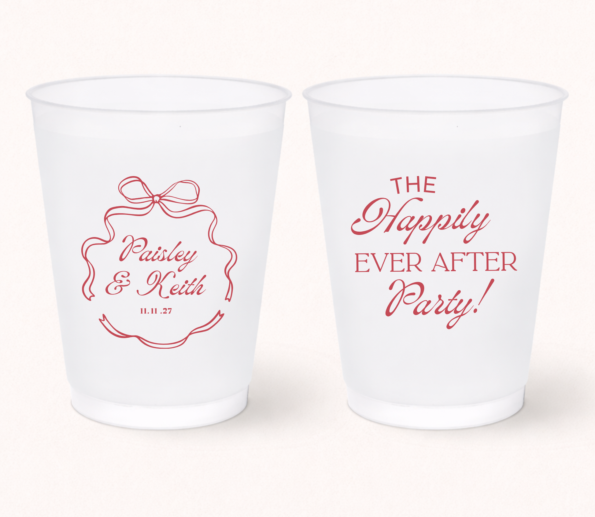 Happily ever after wedding frosted cups
Personalized ribbon frame wedding cups
Custom wedding cups with names and date
Romantic frosted wedding favor cups