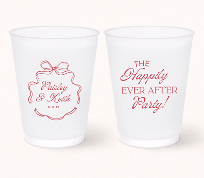 Happily ever after wedding frosted cups
Personalized ribbon frame wedding cups
Custom wedding cups with names and date
Romantic frosted wedding favor cups