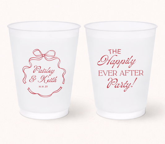 Happily ever after wedding frosted cups
Personalized ribbon frame wedding cups
Custom wedding cups with names and date
Romantic frosted wedding favor cups