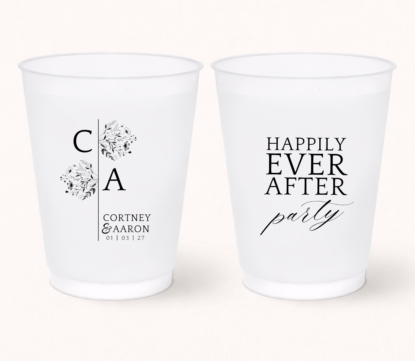 Happily Ever After Party wedding frosted cups
Floral monogram wedding cups with initials
Elegant personalized wedding drinkware
Modern frosted wedding cups with names and date
Romantic wedding favor cups with floral artwork
Custom bridal shower and wedding reception cups