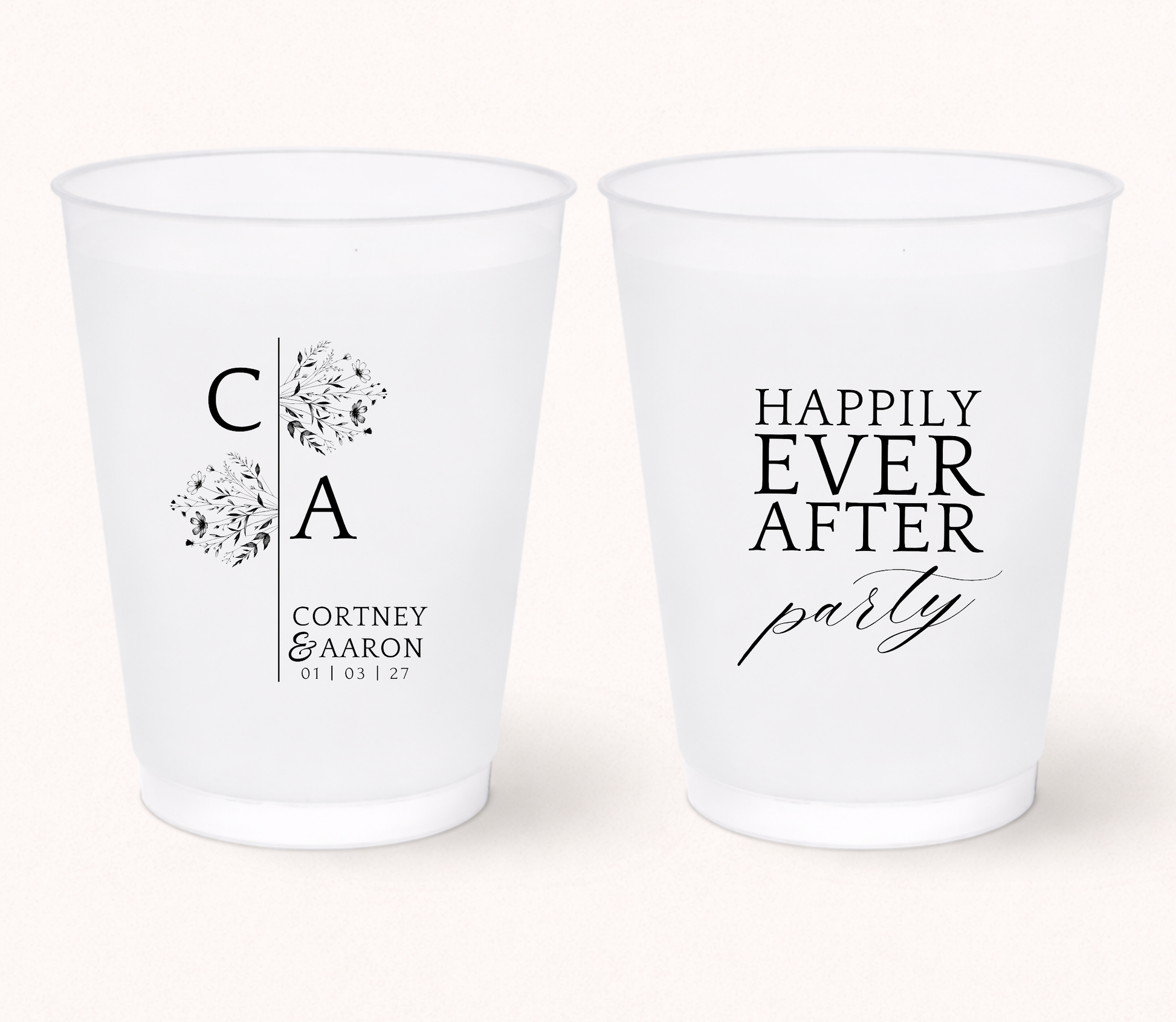 Happily Ever After Party wedding frosted cups
Floral monogram wedding cups with initials
Elegant personalized wedding drinkware
Modern frosted wedding cups with names and date
Romantic wedding favor cups with floral artwork
Custom bridal shower and wedding reception cups