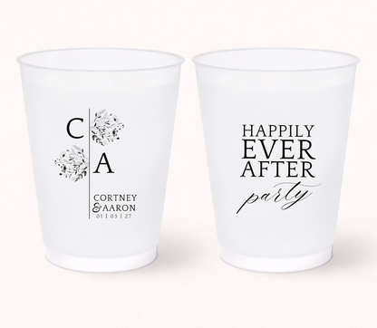 Happily Ever After Party wedding frosted cups
Floral monogram wedding cups with initials
Elegant personalized wedding drinkware
Modern frosted wedding cups with names and date
Romantic wedding favor cups with floral artwork
Custom bridal shower and wedding reception cups