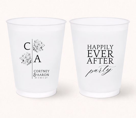 Happily Ever After Party wedding frosted cups
Floral monogram wedding cups with initials
Elegant personalized wedding drinkware
Modern frosted wedding cups with names and date
Romantic wedding favor cups with floral artwork
Custom bridal shower and wedding reception cups