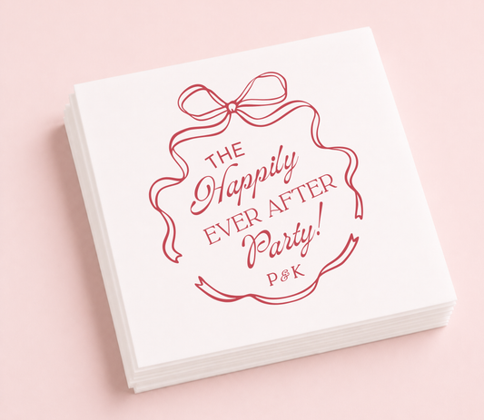 Personalized Happily Ever After Party cocktail napkins featuring a ribbon bow illustration and custom couple initials.
