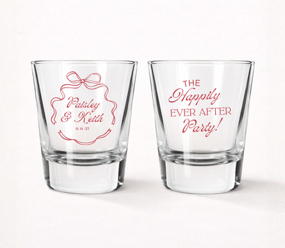 Happily Ever After wedding shot glasses
Personalized wedding favor shot glasses
Romantic bow frame wedding shot glasses
Custom wedding reception favor glasses
Personalized wedding keepsake shot glasses
Wedding party shot glasses with custom names