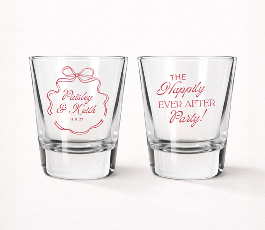Happily Ever After wedding shot glasses
Personalized wedding favor shot glasses
Romantic bow frame wedding shot glasses
Custom wedding reception favor glasses
Personalized wedding keepsake shot glasses
Wedding party shot glasses with custom names