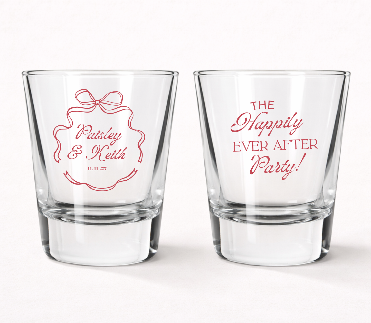 Happily Ever After wedding shot glasses
Personalized wedding favor shot glasses
Romantic bow frame wedding shot glasses
Custom wedding reception favor glasses
Personalized wedding keepsake shot glasses
Wedding party shot glasses with custom names