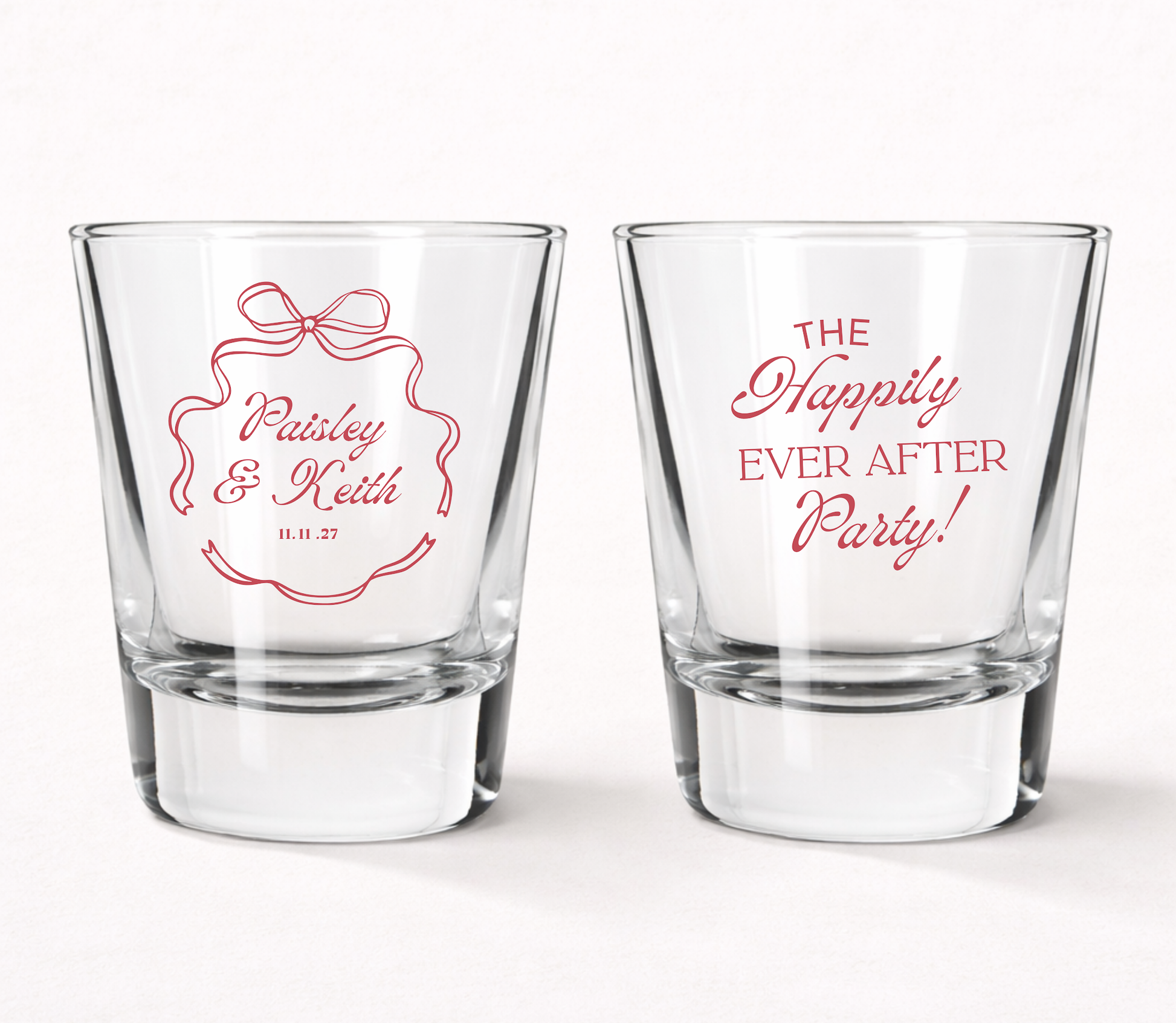 Happily Ever After wedding shot glasses
Personalized wedding favor shot glasses
Romantic bow frame wedding shot glasses
Custom wedding reception favor glasses
Personalized wedding keepsake shot glasses
Wedding party shot glasses with custom names