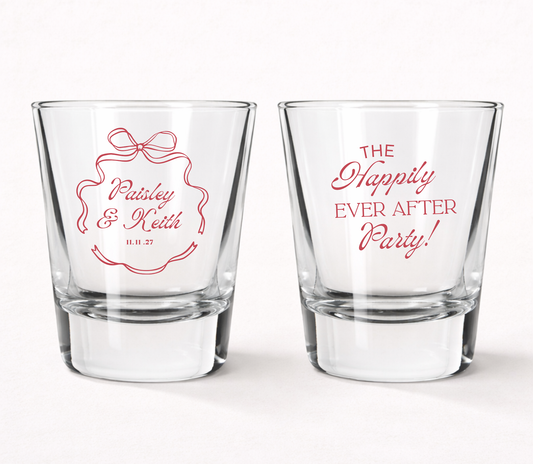 Happily Ever After wedding shot glasses
Personalized wedding favor shot glasses
Romantic bow frame wedding shot glasses
Custom wedding reception favor glasses
Personalized wedding keepsake shot glasses
Wedding party shot glasses with custom names