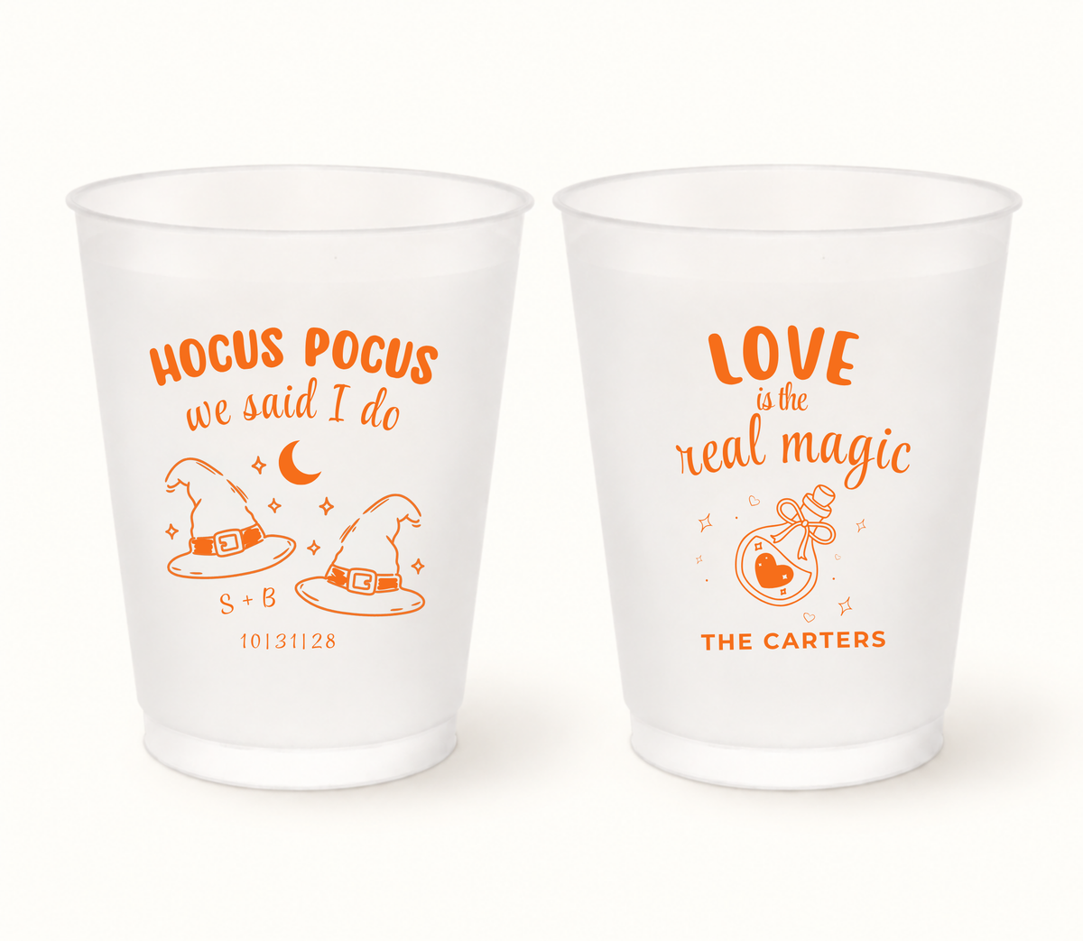 Personalized Hocus Pocus Halloween wedding frosted cups featuring orange witch hats, custom couple initials, wedding date, family name, and Love Is the Real Magic design.