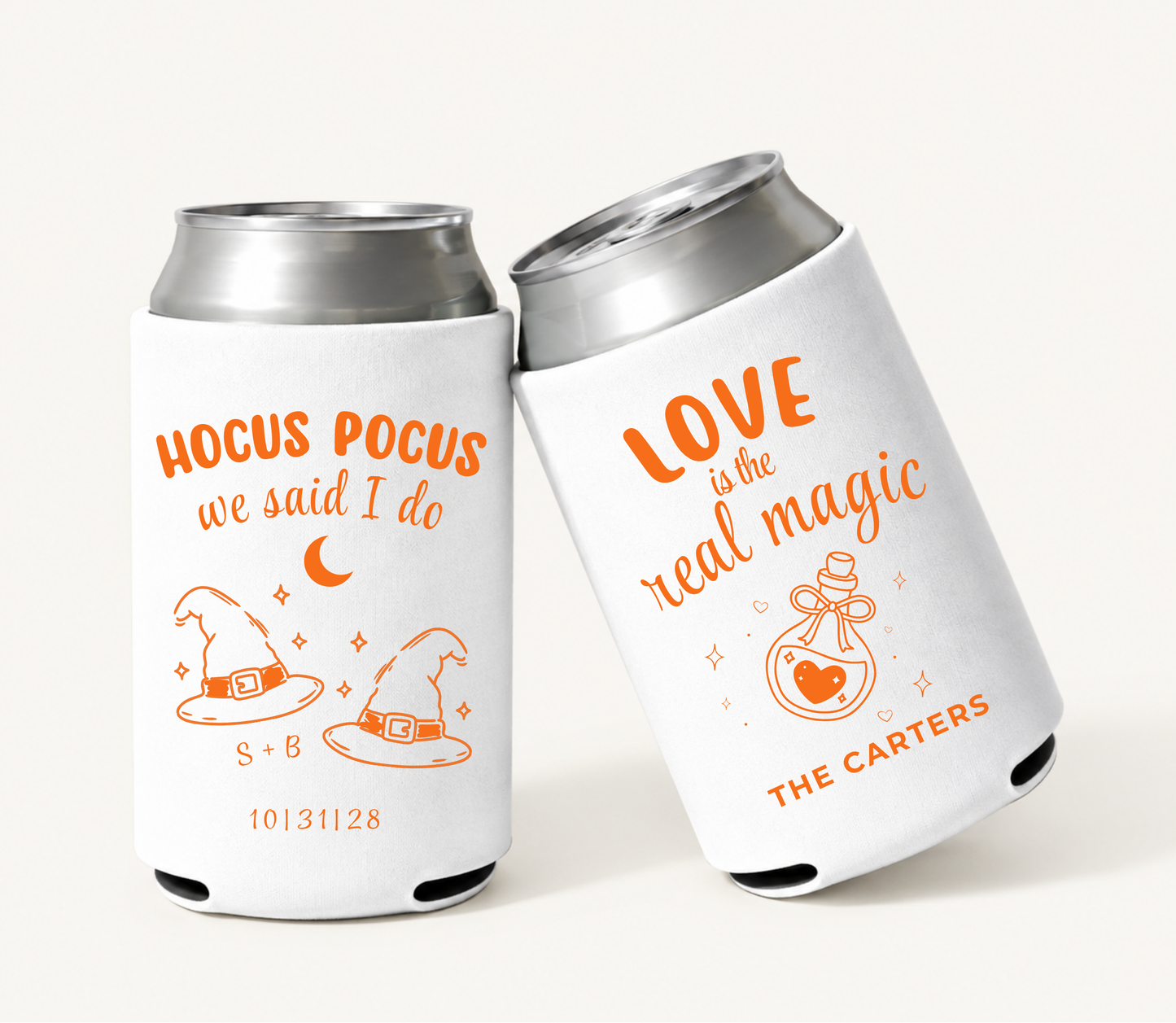 Personalized Hocus Pocus We Said I Do white Halloween wedding can coolers featuring orange witch hat artwork, custom couple initials, wedding date, surname, and Love Is the Real Magic design.