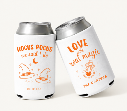 Personalized Hocus Pocus We Said I Do white Halloween wedding can coolers featuring orange witch hat artwork, custom couple initials, wedding date, surname, and Love Is the Real Magic design.