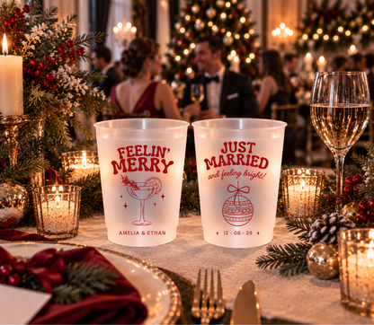 Personalized frosted party cups for Christmas weddings and winter receptions.