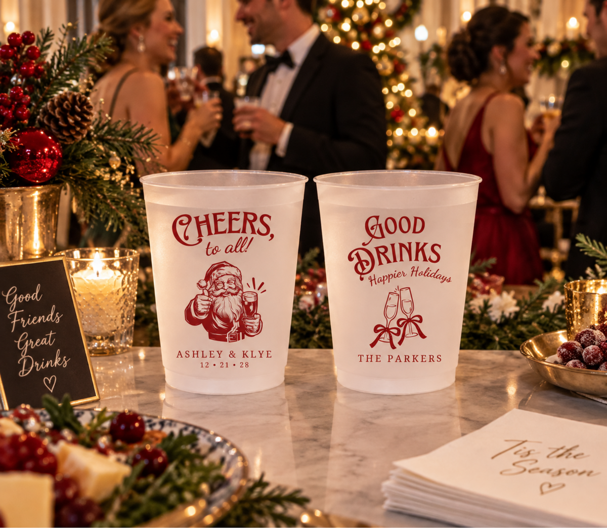 Personalized frosted party cups for Christmas weddings and winter receptions.
