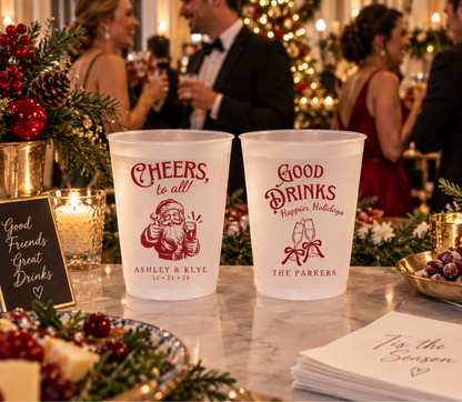 Personalized frosted party cups for Christmas weddings and winter receptions.