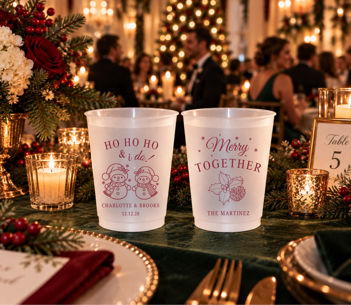 Personalized frosted party cups for Christmas weddings and winter receptions.