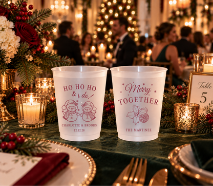 Personalized frosted party cups for Christmas weddings and winter receptions.