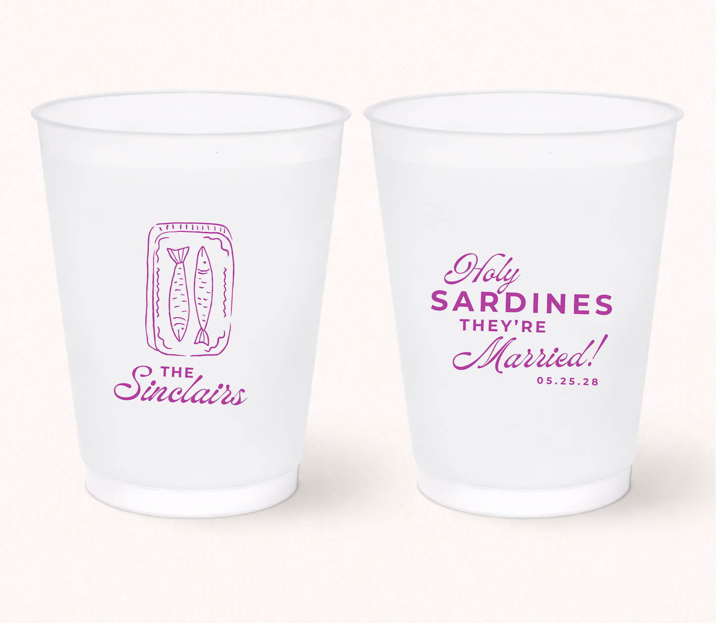 Holy Sardines wedding frosted cups with sardine can illustration
Personalized sardine wedding cups
Beach wedding frosted cups with retro seafood design
Mediterranean wedding drinkware
Coastal wedding cups with wedding date
Custom sardine can wedding favor cups