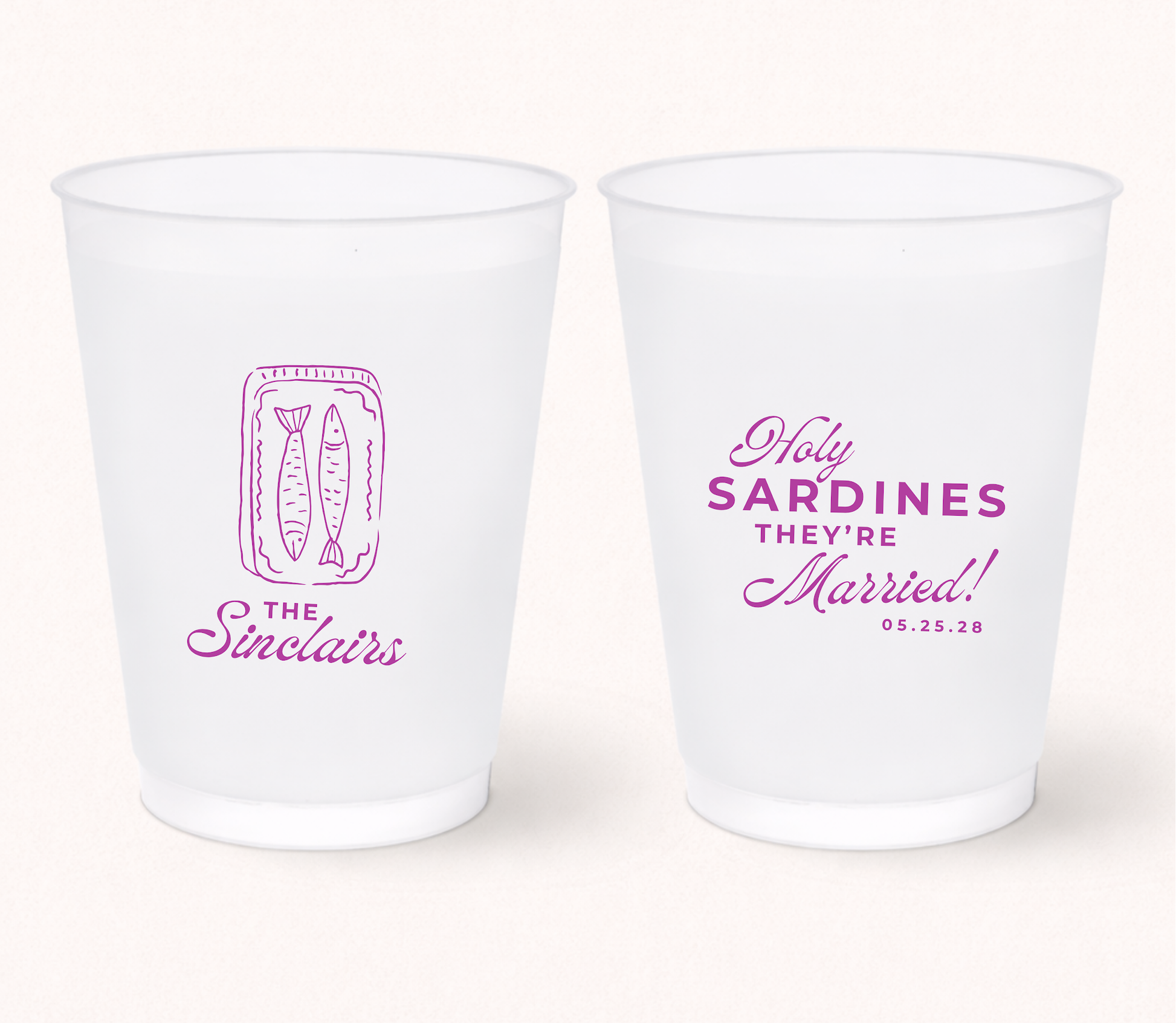 Holy Sardines wedding frosted cups with sardine can illustration
Personalized sardine wedding cups
Beach wedding frosted cups with retro seafood design
Mediterranean wedding drinkware
Coastal wedding cups with wedding date
Custom sardine can wedding favor cups
