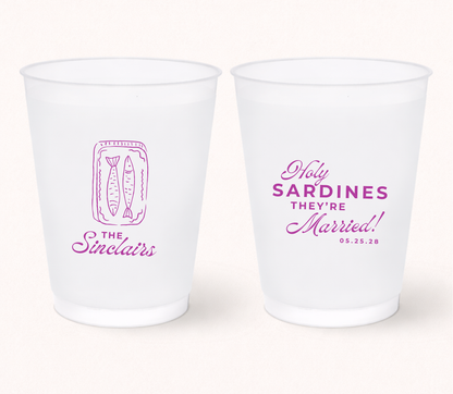 Holy Sardines wedding frosted cups with sardine can illustration
Personalized sardine wedding cups
Beach wedding frosted cups with retro seafood design
Mediterranean wedding drinkware
Coastal wedding cups with wedding date
Custom sardine can wedding favor cups