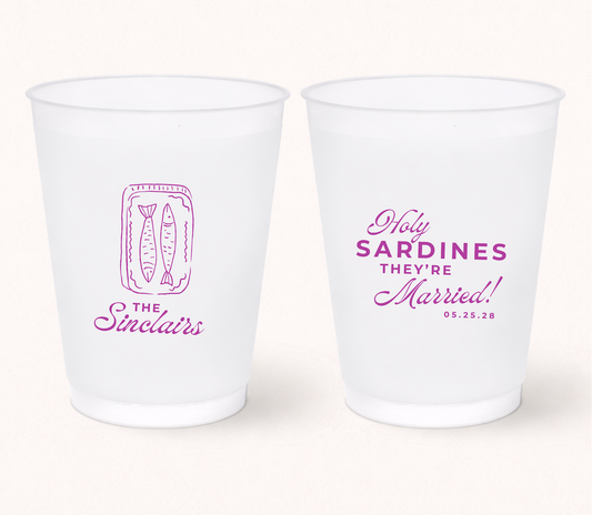 Holy Sardines wedding frosted cups with sardine can illustration
Personalized sardine wedding cups
Beach wedding frosted cups with retro seafood design
Mediterranean wedding drinkware
Coastal wedding cups with wedding date
Custom sardine can wedding favor cups