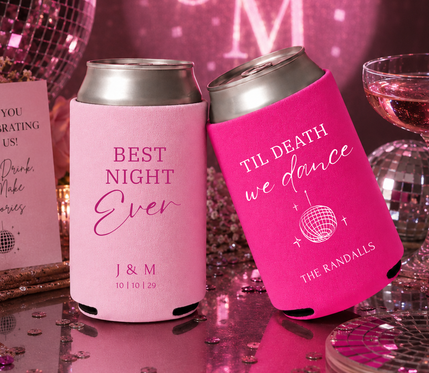 Custom Electric Love wedding can coolers with disco ball artwork.