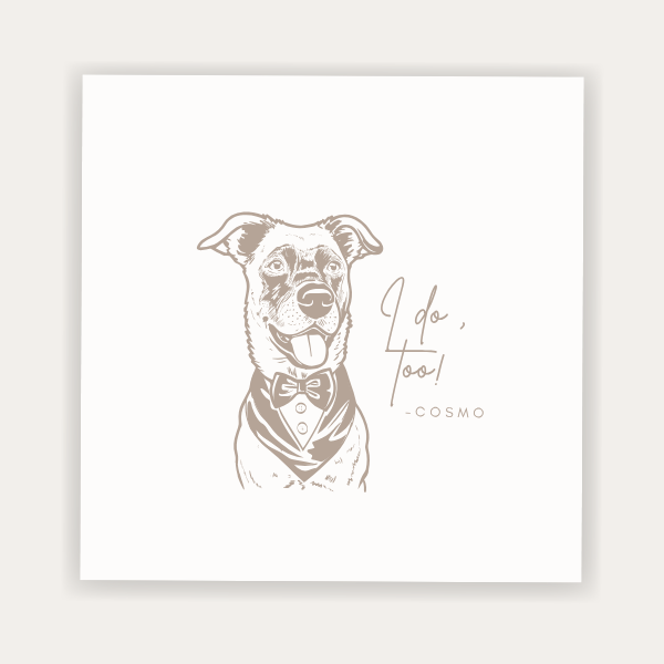Custom pet portrait wedding napkin featuring a dog in formal attire with I Do Too personalized wedding design