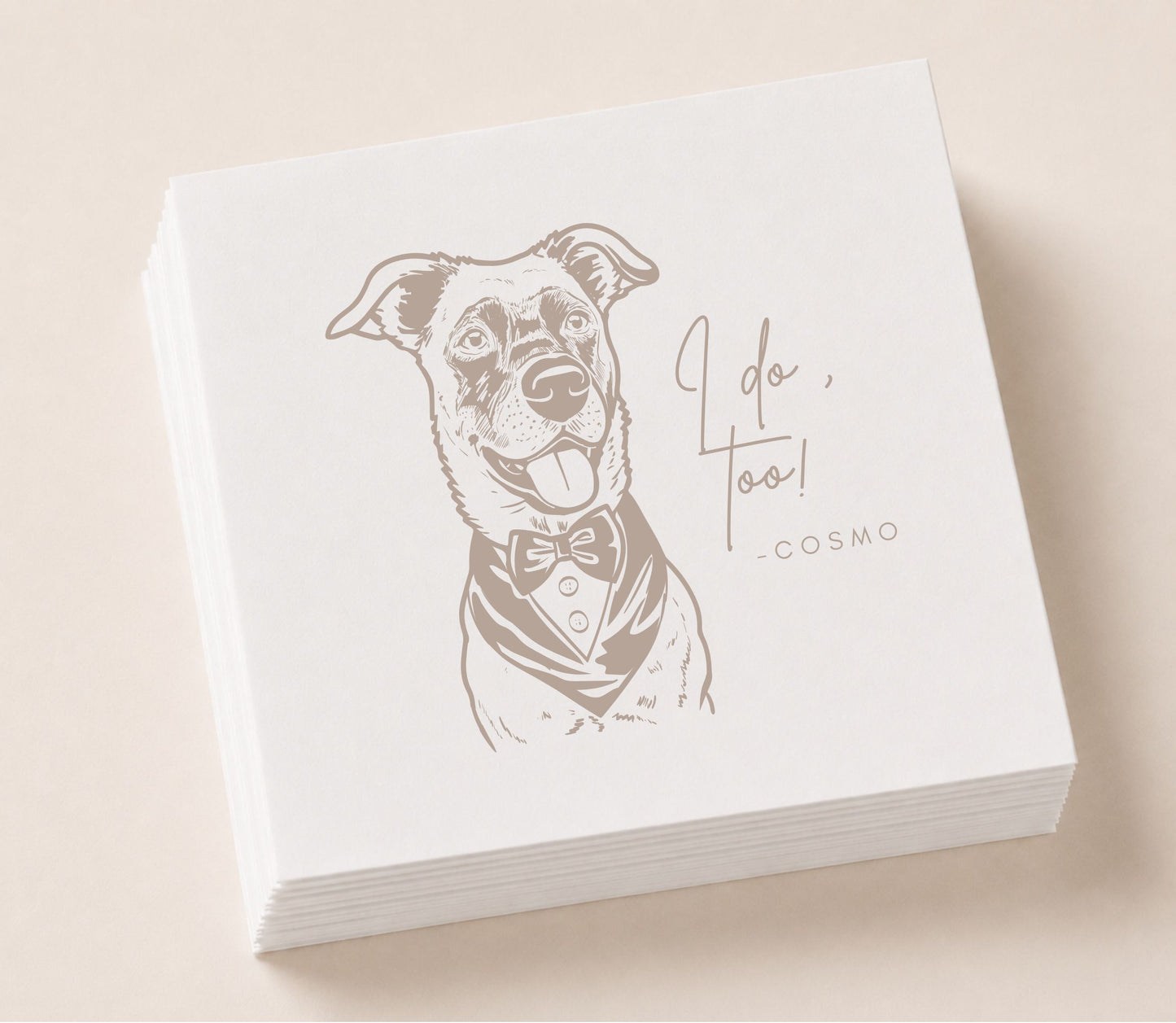 Custom pet portrait wedding napkin featuring a dog in formal attire with I Do Too personalized wedding design