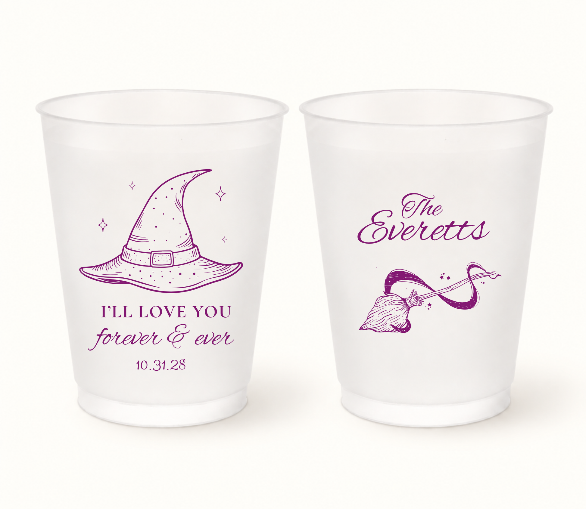 Personalized I’ll Love You Forever & Ever Halloween wedding frosted cups featuring purple witch hat and broom artwork, custom family name, and wedding date.