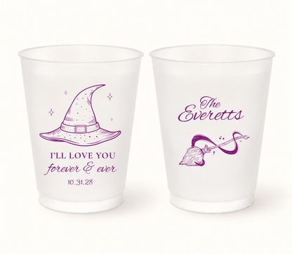 Personalized I’ll Love You Forever & Ever Halloween wedding frosted cups featuring purple witch hat and broom artwork, custom family name, and wedding date.