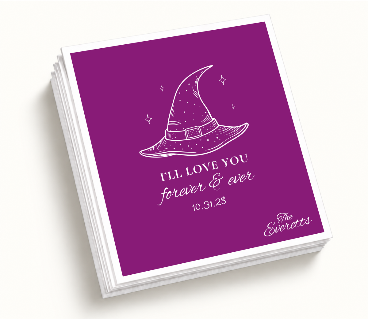Personalized I’ll Love You Forever & Ever purple Halloween wedding cocktail napkins featuring a white witch hat, magical star accents, custom wedding date, and family name.