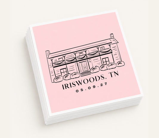 Personalized cocktail napkins featuring a custom illustration of the Iriswoods wedding venue in Tennessee.