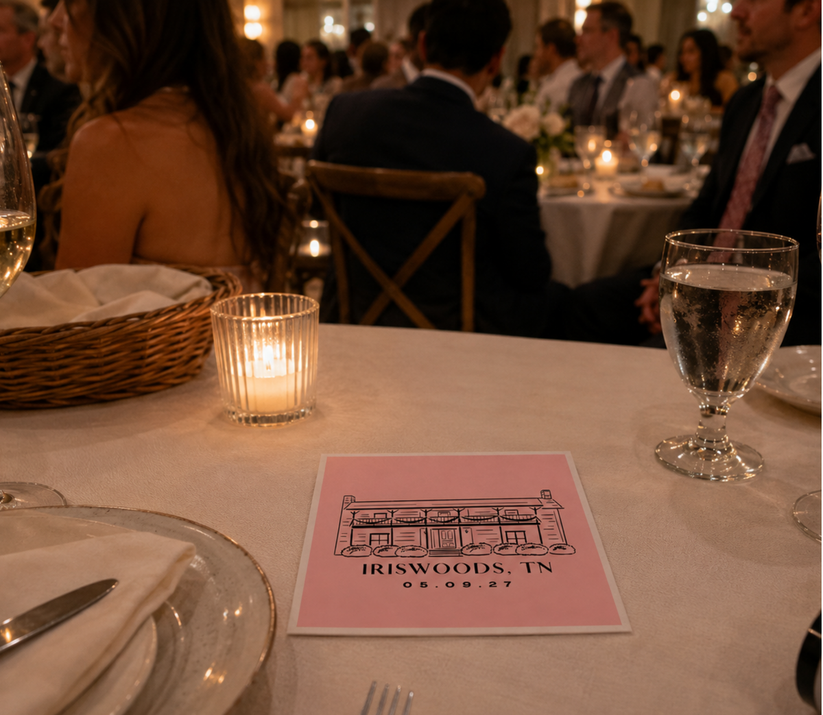 Custom Iriswoods Tennessee wedding cocktail napkins.