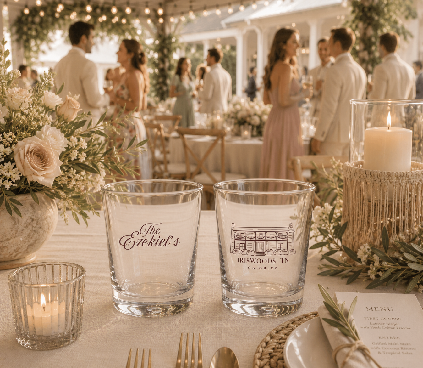 Personalized Iriswoods Tennessee wedding shot glasses with custom venue illustration and family name design