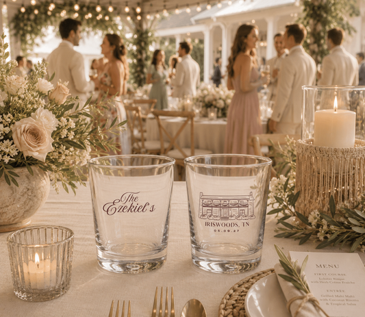 Personalized Iriswoods Tennessee wedding shot glasses with custom venue illustration and family name design