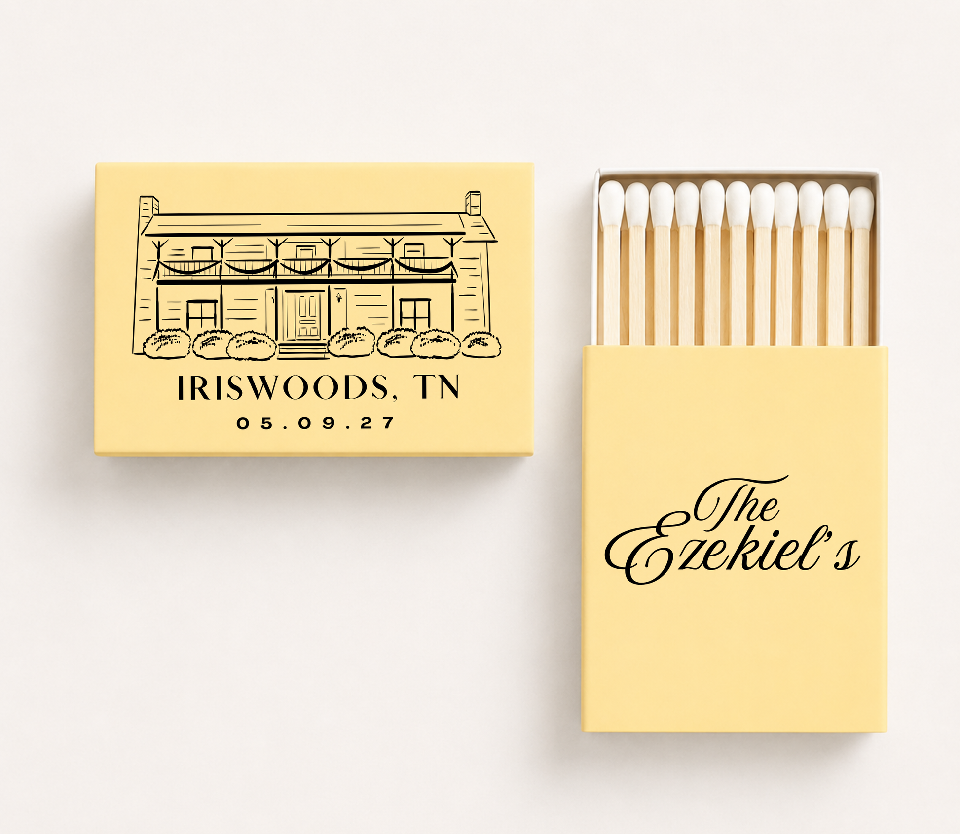 Personalized Iriswoods wedding matchboxes featuring a custom Tennessee venue illustration with family name and wedding date.
